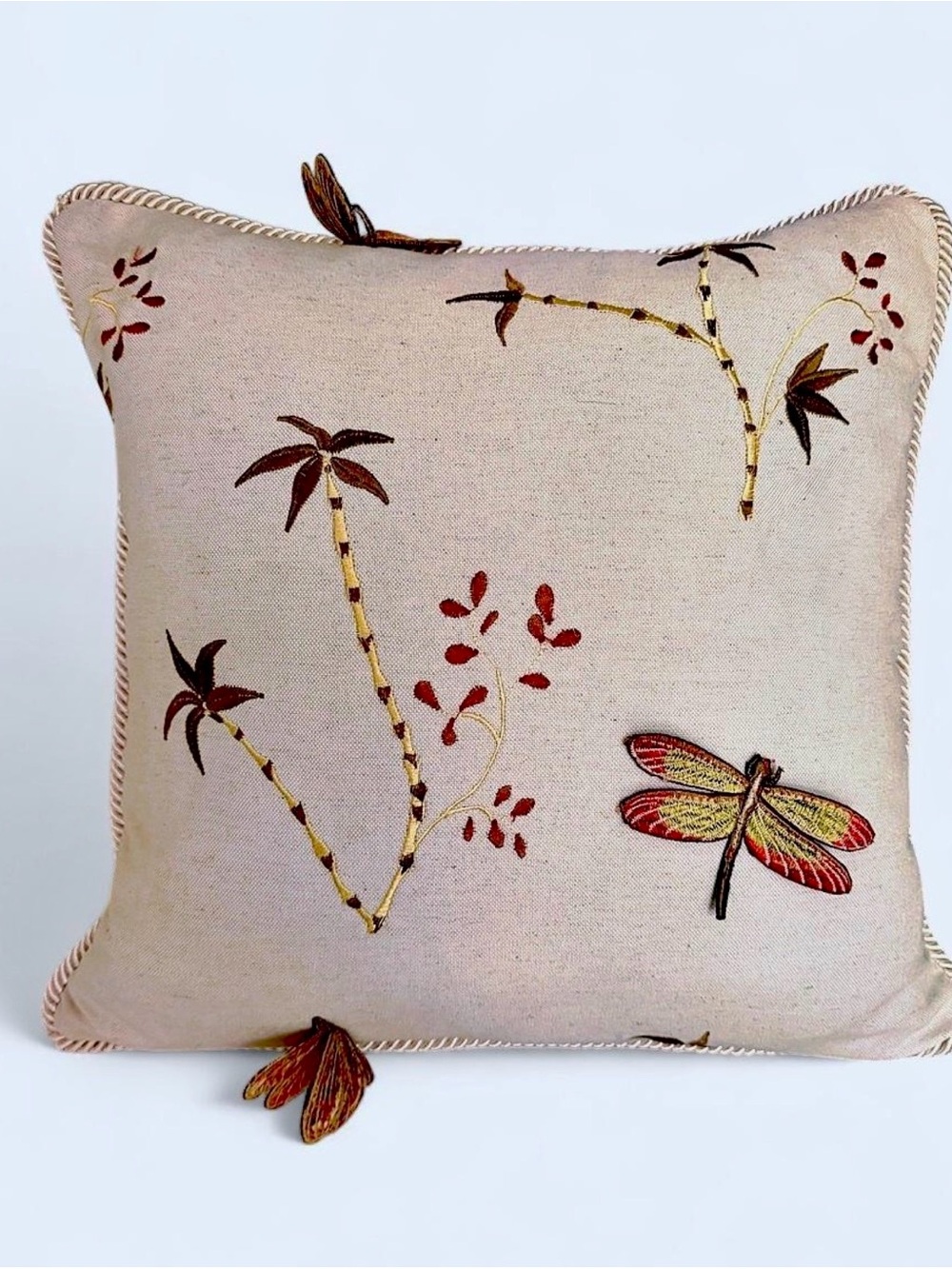 Embroidered Austin Horn Classics Dragonfly Botanical Accent Pillow Cream